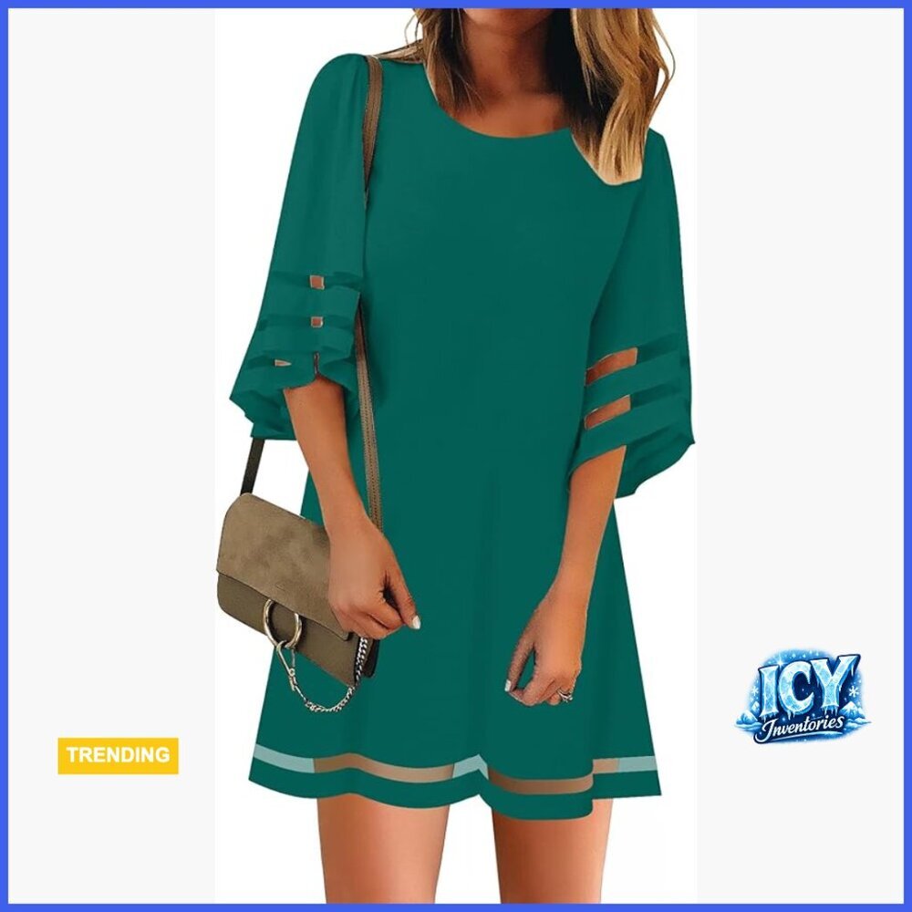 Casual Crewneck Mesh Panel Bell Sleeve Loose Tunic Dress
